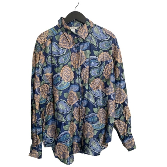 Vintage Silk Abel Women's Blouse Size XL button Up Blue Paisley Floral Top - Picture 1 of 5